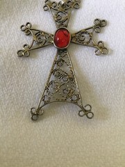 Vintage Armenian Silver Filigree Khachkar Cross Pendant With Red Cabochon Stone