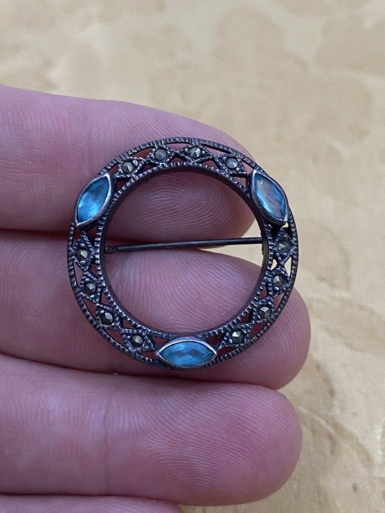 Vintage Sterling Silver 925 Tested Estate Acquired Marcasite Topaz Brooch