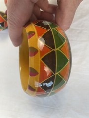 VINTAGE 80’S Painted WOOD NECKLACE, BANGLE BRACELET, & Earrings SET MultiColor