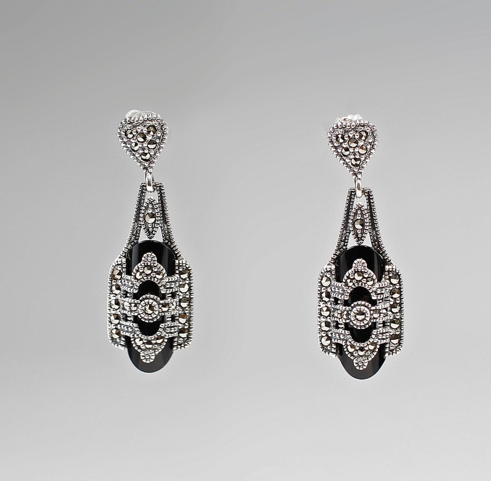 Silver Art Deco Onyx & Markasite 925 Sterling Silver Stud Earrings