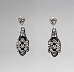 Silver Art Deco Onyx & Markasite 925 Sterling Silver Stud Earrings