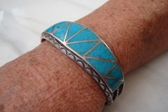 Heavy Inlay Channel Set TURQUOISE ZUNI Stamped STERLING Silver Overlay BRACELET
