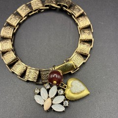 Vintage Japan Glass & Opalite Rhinestone Charms on New Antiqued Gold Book Chain