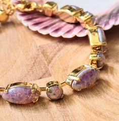 Pink Fire Opal Czech Glass In Classic Statement Tennis Gold Plated Bracelet