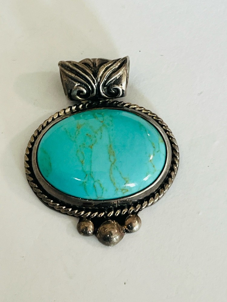 Heavy Vintage Sterling Silver 925 Turquoise Oval Slide Pendant 19-grams Lot P16