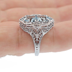 Vintage DECO 14k Solid White Gold Natural Aquamarine Fancy Cut Filigree Ring
