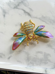 Vtg Signed Graziano Bee Insect Brooch Pin AB Crystals Multicolor Wings, Goldtone