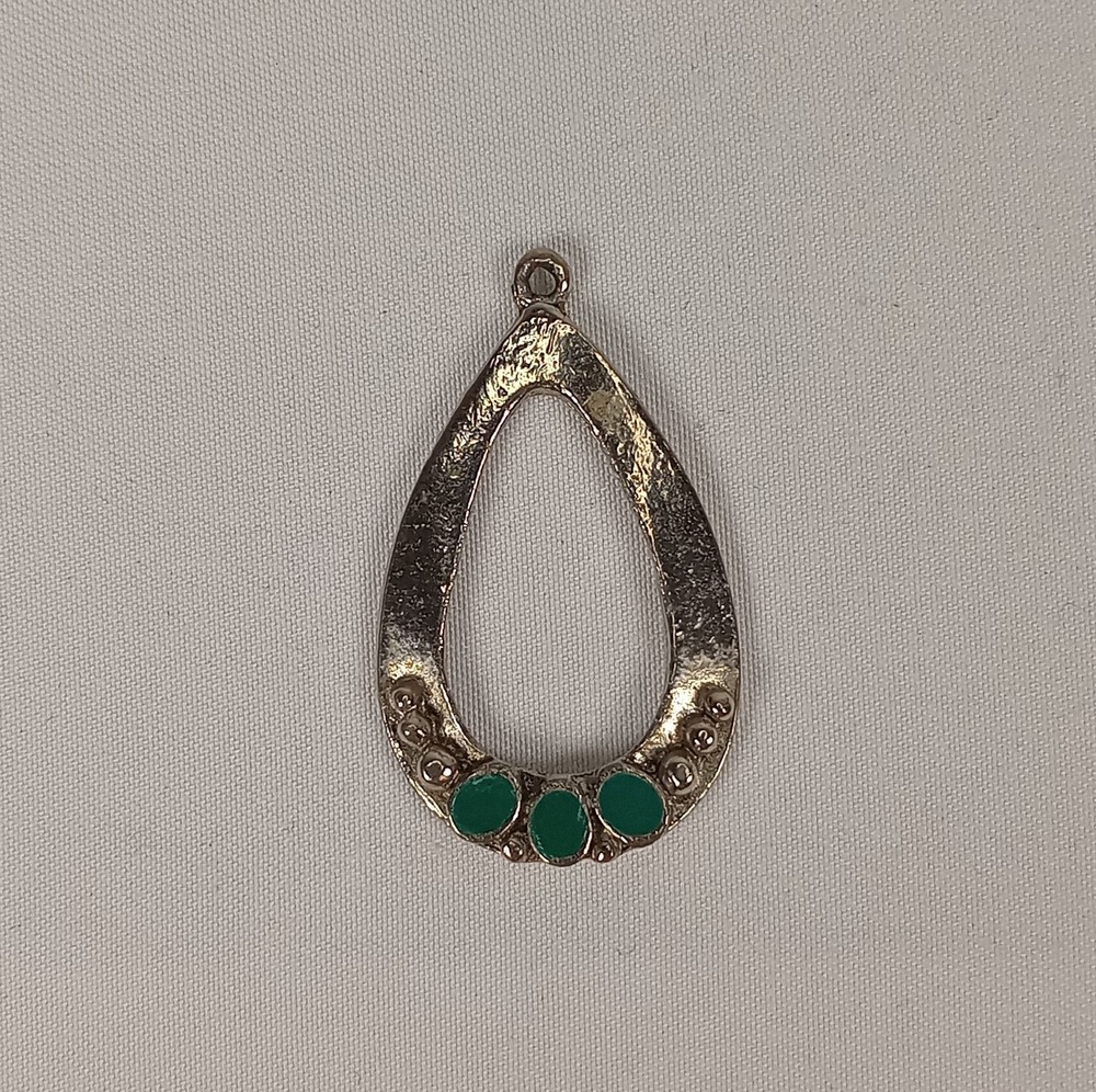 Vintage Open Teardrop Pendant Green Cabochon Bead Accent Silver Tone 1.25″