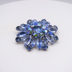 Vintage Brooch Blue Glass Rhinestone Womens Silver Flower Pin Open Back