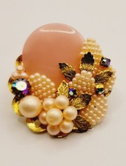 Flower brooch Pink Rhinestone Baby Faux Pearl Crystal AB Gold tone Vintage Pin