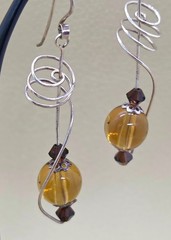 Vtg French Wired Honey Color Glass Bead Silver Dangle Drop Earrings