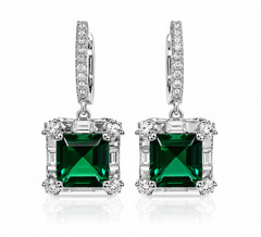Art Deco 10.81CT Colombian Emerald Square Cut & White CZ Earrings Set For Girls.