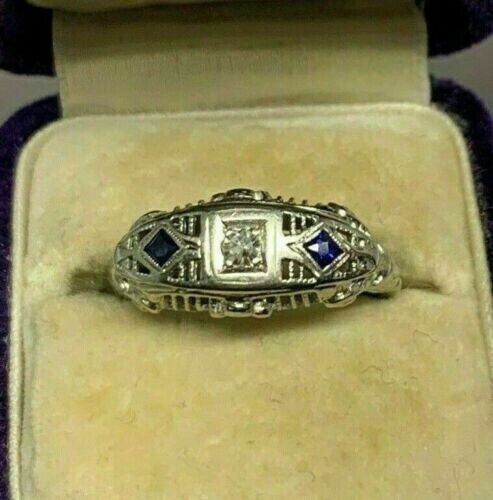 Art Deco Style Lab Created Diamond & Sapphire 14K White Gold FN Engagement Ring