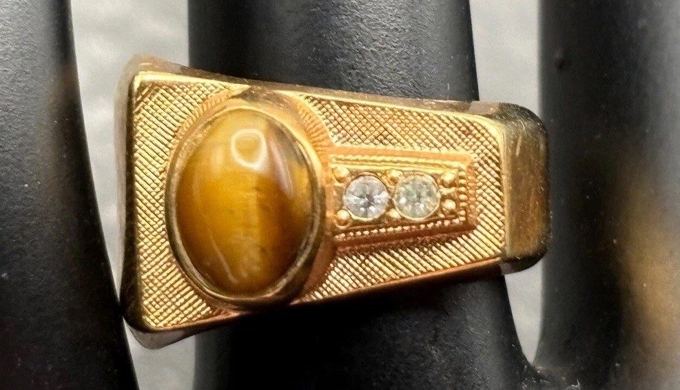 VTG 18K HGE Gold Plated Tiger Eye Men’s Women’s Ring Vintage Statement Size 7