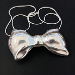 Vintage Sterling Silver Bow Necklace Brooch Puffy Tie Modernist 80s Israel Bold