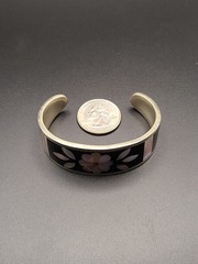 Alpaca Silver Black & Mother of Pearl Flower Inlay Cuff Bracelet