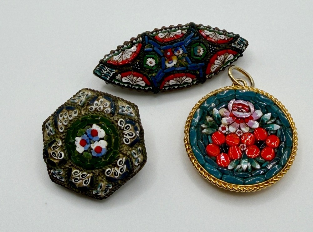 Vintage Italian Micro Mosaic Floral Brooch Hexagon Brass Pin & Pendant
