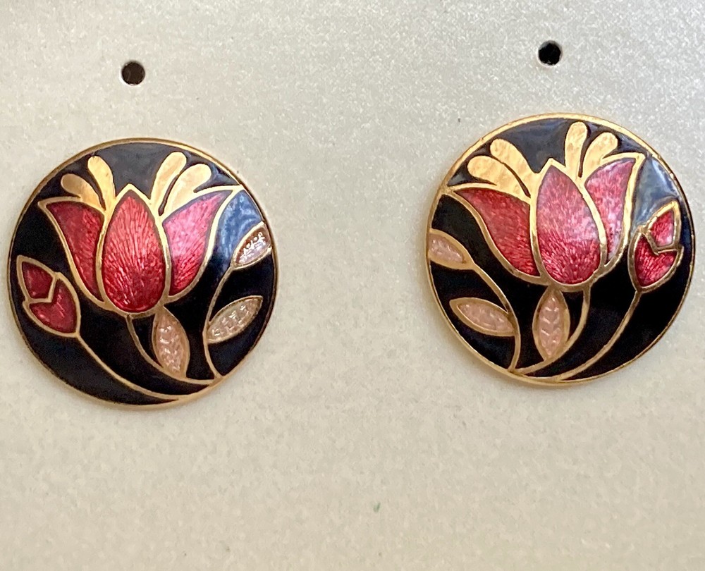 Vintage Fine Enamel Round Stud Earrings Floral Red Black Gold .50in Ladies 5.3g