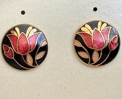 Vintage Fine Enamel Round Stud Earrings Floral Red Black Gold .50in Ladies 5.3g