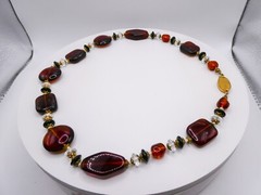 Chunky Modernist Beaded Cognac Molded Glass 20″ Statement Stackable Necklace