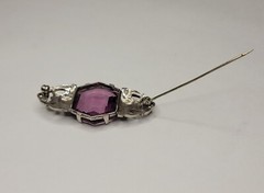Vintage Marcasite Rhinestones Huge Purple Glass Stone Brooch