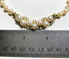 14k Yellow Gold 6.5mm pearl strand and Diamond 1.00ct Necklace 17-1/2″ Long