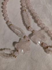 Vintage Pink Rose Quartz Hand Knotted Beaded Necklace With 2 Carved Pink Quartz