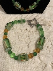 Gorgeous Vintage Necklace And Bracelet Green Glass Beads Sterling Clasps Glows