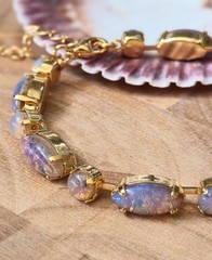 Pink Fire Opal Czech Glass In Classic Statement Tennis Gold Plated Bracelet
