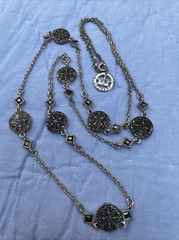 Crown Trifari Unique silvertone with markasite and disc stations 33” Necklace