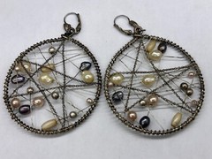 ESTATE SILVER TONE FAUX PEARL DREAM CATCHER LOOP HOOP WIRE DANGLE EARRINGS