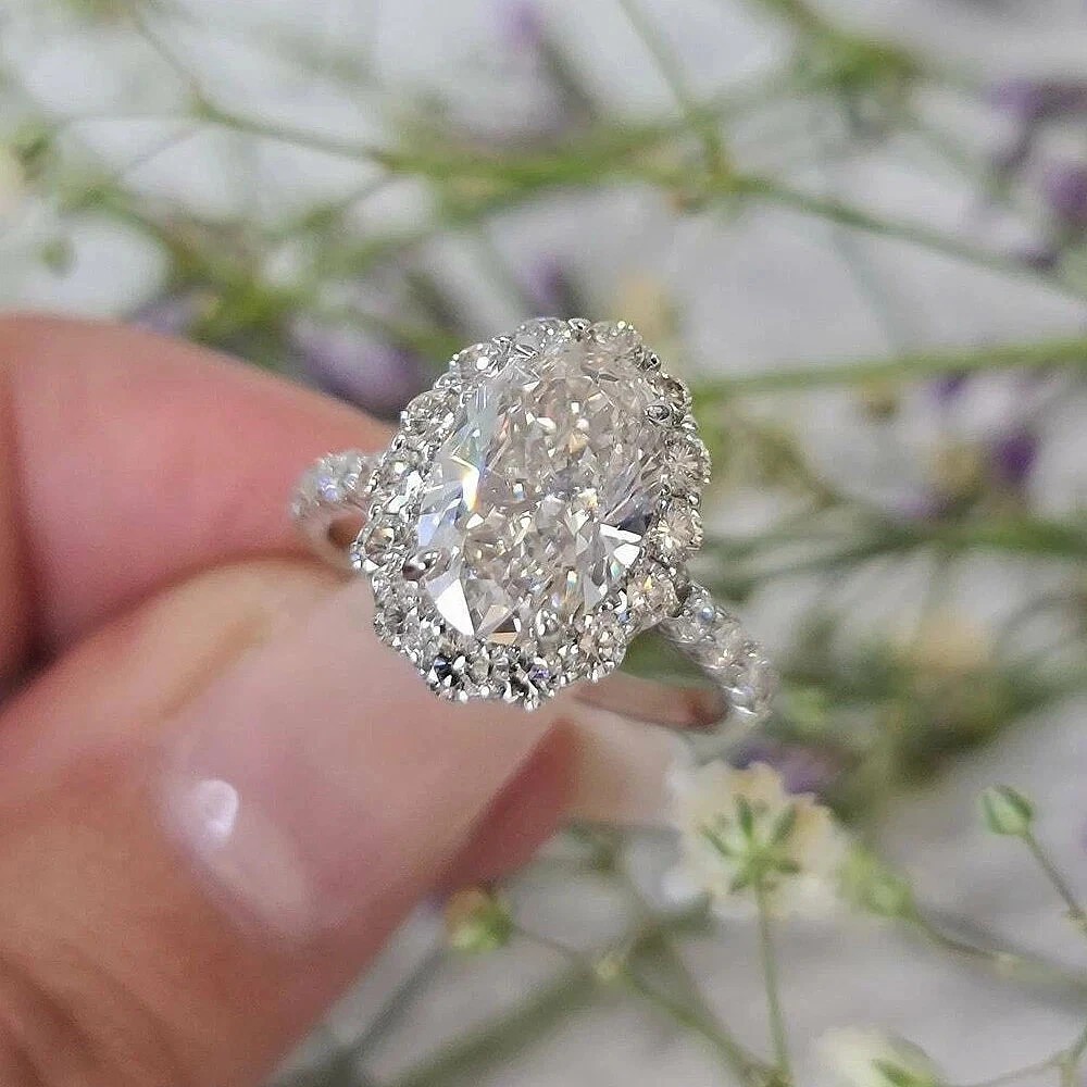 2Ct Oval Cut Lab Created Diamond Halo 14K White Gold FN Engagement Wedding Ring