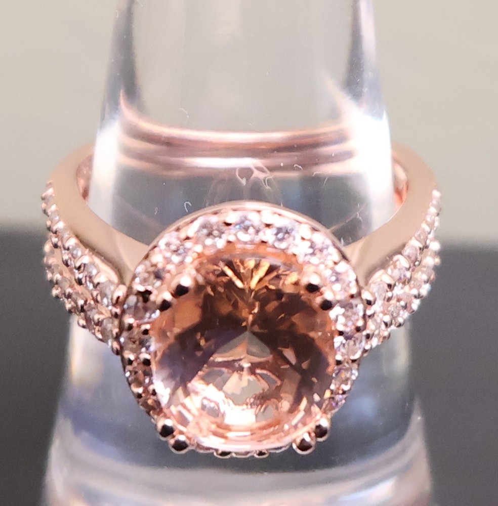 Champagne topaz ring oval halo DMQ CZ rose gold clad sterling silver 925 QVC Sz7