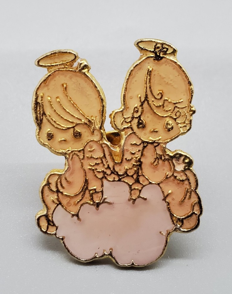 Vintage Precious Moments Brooch Pin Two Angels On A Cloud Enameled Metal EUC