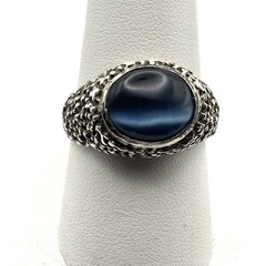 Vintage Sterling Brutalist Textured Black Cats Eye Ring 9.5