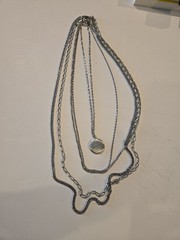 VINTAGE Multi Layer Strand Chain Necklace ROUND LOCKET PENDANT Long SILVERTONE