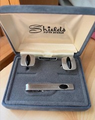 Vintage 1960 Shields Fifth Avenue Silver and Black Cufflinks and Tie Bar in Orig