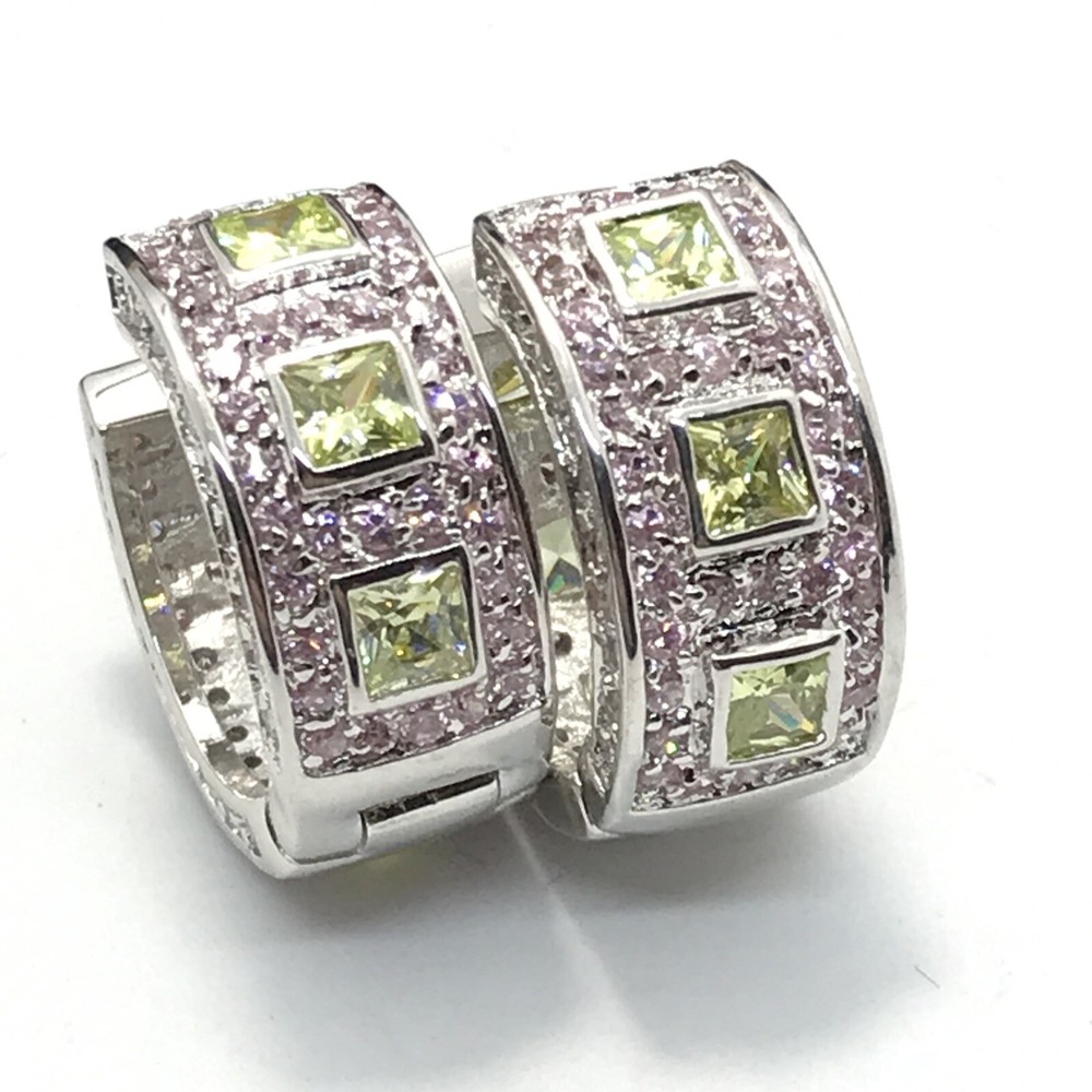 Vintage Silver tone Pink & Peridot Cubic Zirconia Hoop Pierced Earrings