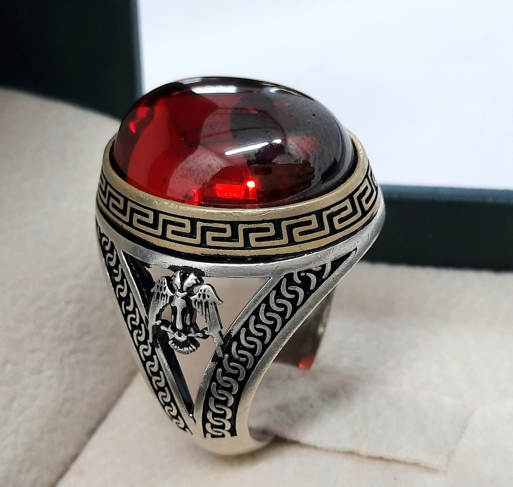 Classic Rif Top Minimalist Eagle Men Ring Sterling Silver 925 Agate Stone SZ 11