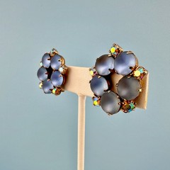 Vintage Clip On Earrings Baby Blue AB Rhinestone Frosted Glass Cabochon Stones