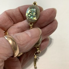 Vintage Silver Tone Abalone Link Bracelet 1970’s Paua Shell Oval Cabochons 7.5″