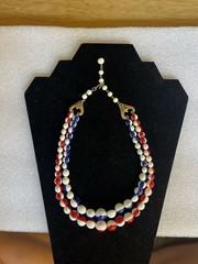 RARE Vntg Signed FLORENZA Red White & Blue Patriotic Enamel DBL Strand Necklace