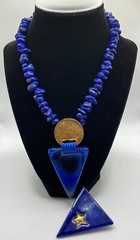 Vintage Lapis Stone nuggets Beaded Necklace W/ Triangle pendant & Brooch