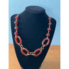 VTG Carnelian Bead Chain Statement Necklace Brass Tone Chain 925 Clasp