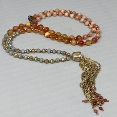 Stone Tassel Necklace Blue Gray Orange Gemstone Beads Graduating Chakra Long 32″
