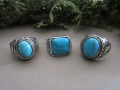 Mens Silver Tone & Turquoise Chunky Fashion Rings Large Assorted Sizes Lot of 3
