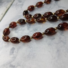 Vtg Mid-Century Faux Amber Lucite Necklace Statement Rootbeer Barrel 24″ 30g
