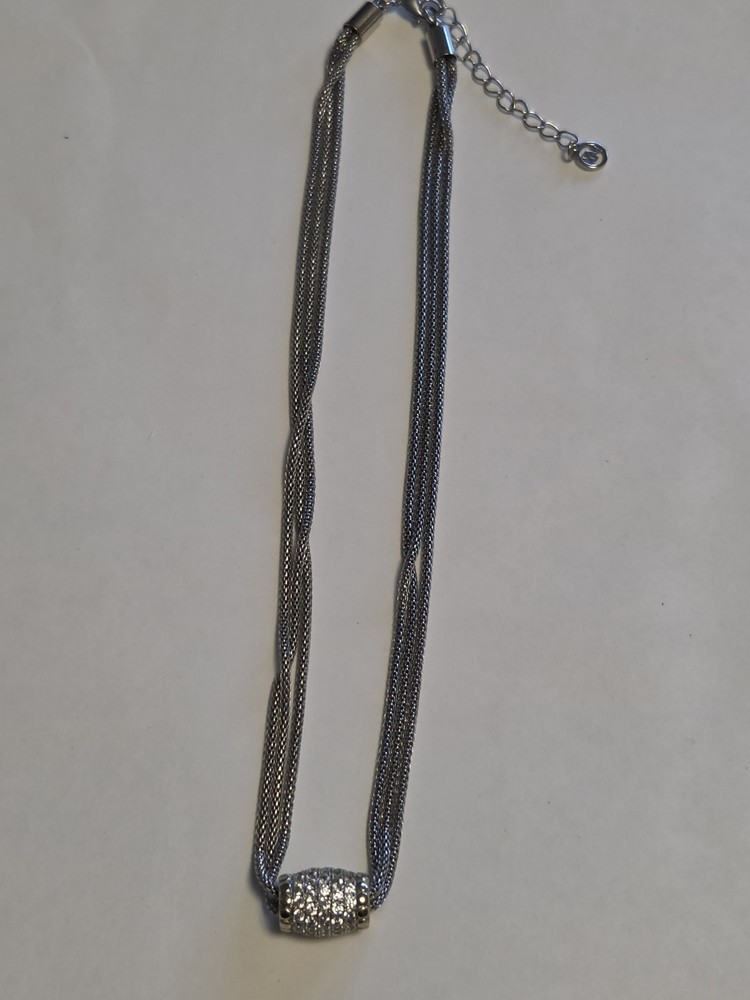 MX Silver-Tone 3 Strand Mesh with Sliding Crystal Barrel Necklace