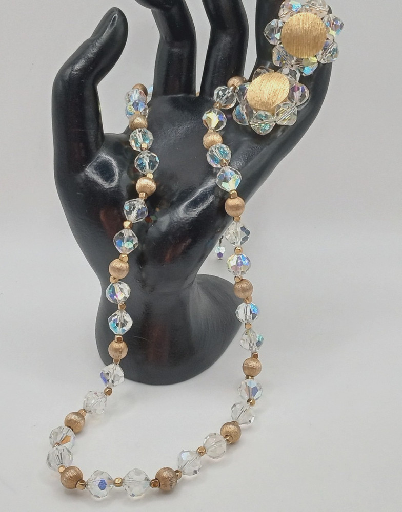 Vintage gold tone clear AB faceted crystal necklace and clip on earrings set