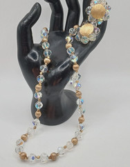Vintage gold tone clear AB faceted crystal necklace and clip on earrings set